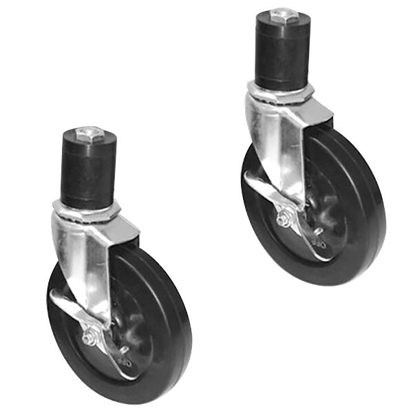 A pair of black and silver caster wheels with a black cylinder and silver nut.