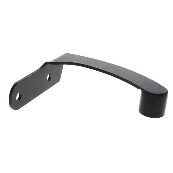 A black metal Bakers Pride door handle bracket with a curved end and holes.