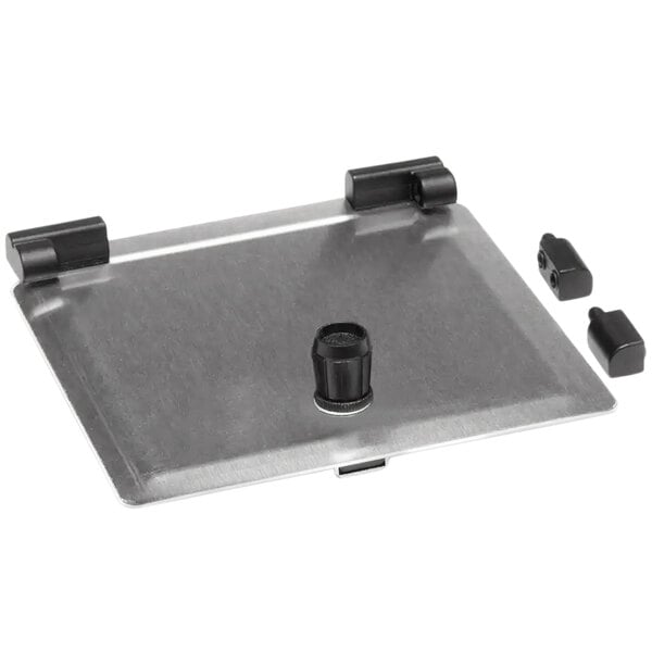 A metal plate with a black knob and black plastic parts.