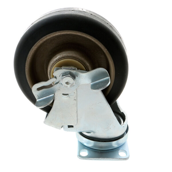 A Frymaster swivel caster wheel with a metal plate and black wheel.