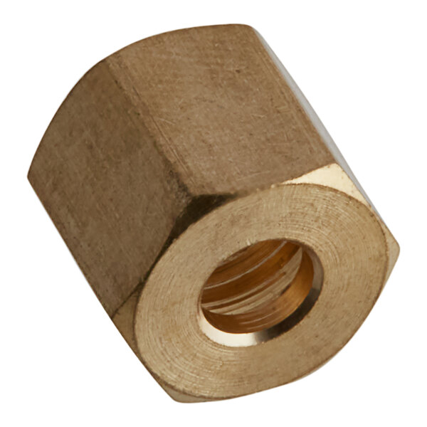 An American Range brass nut with a threaded end.