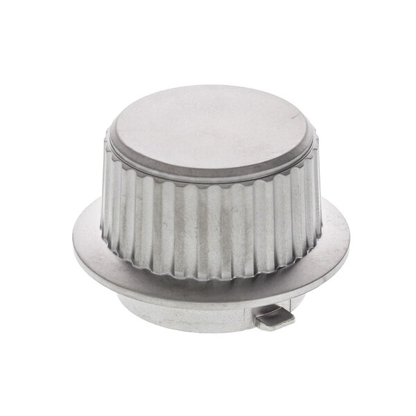 A silver metal timer knob with a white background.