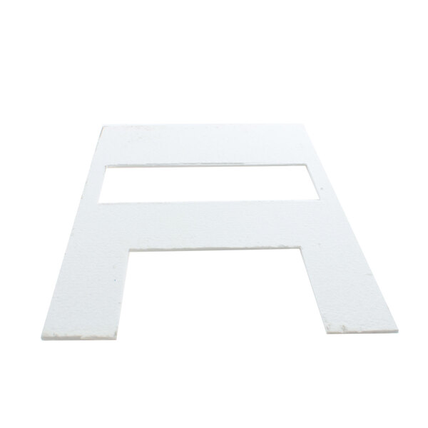 A white rectangular piece of insulation with a white border and the white letter "r" on it.