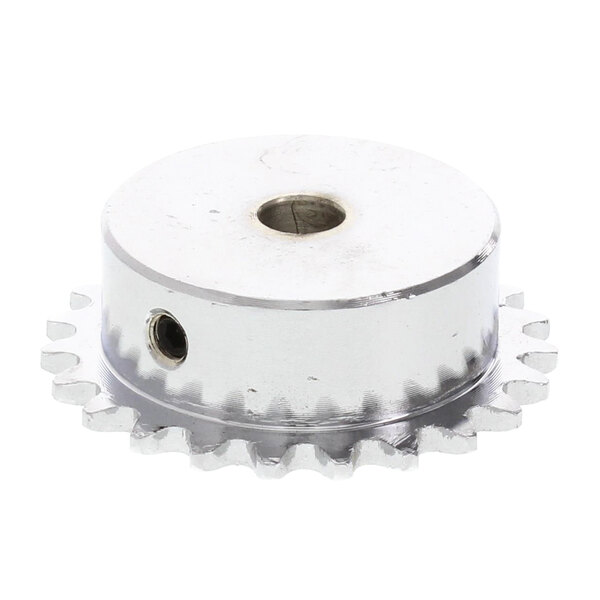 A silver sprocket with round holes.