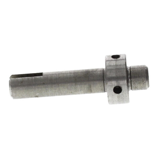 A metal True Refrigeration hinge shaft cylinder with a hole in it.