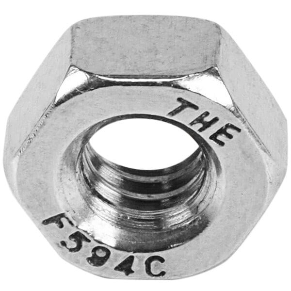 A stainless steel hex nut with the word "the" on it.