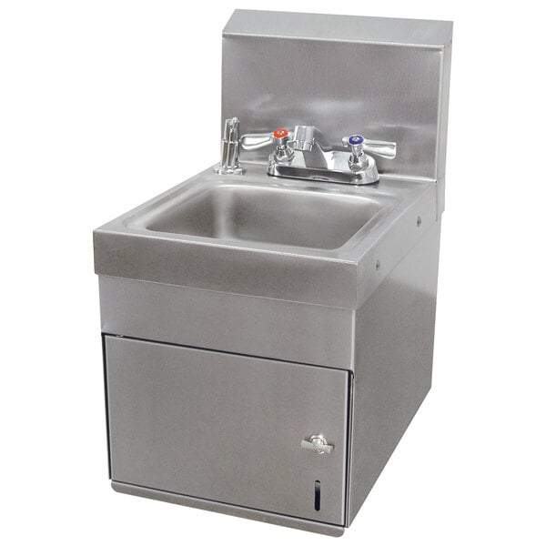 A close-up of a stainless steel Advance Tabco wall mounted hand sink with undermount paper towel dispenser.