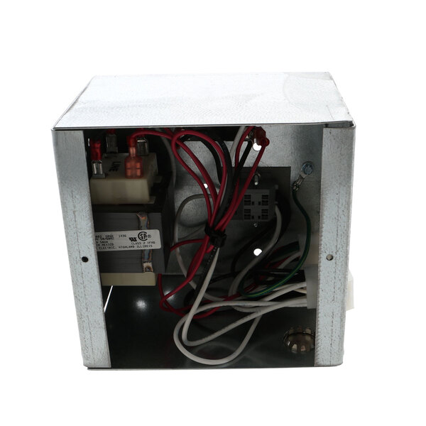 A metal box with wires inside.