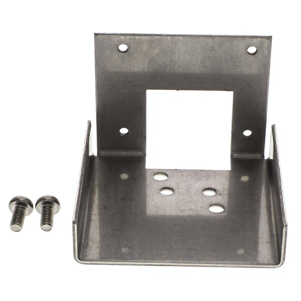 An Accutemp metal corner bracket with screws and a square hole.