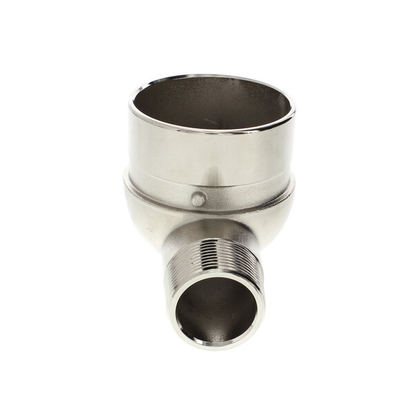 A stainless steel Pitco drain elbow with holes.