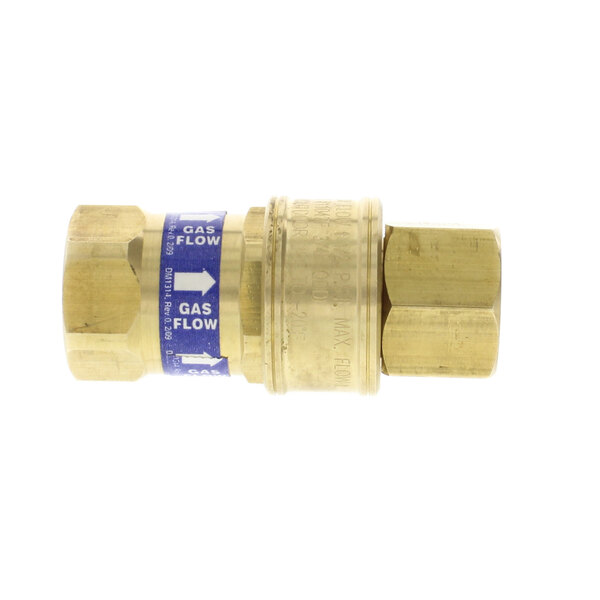 A brass Dormont threaded hose connector with a blue label.