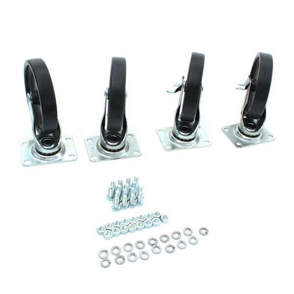 A set of four black Blodgett casters with nuts and bolts.