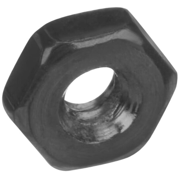 A close-up of a black hex nut with a hole in the middle.