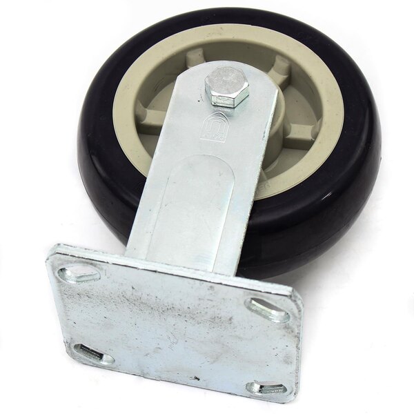 A black and white non-locking wheel for a food warming equipment cabinet with a metal plate and nut.