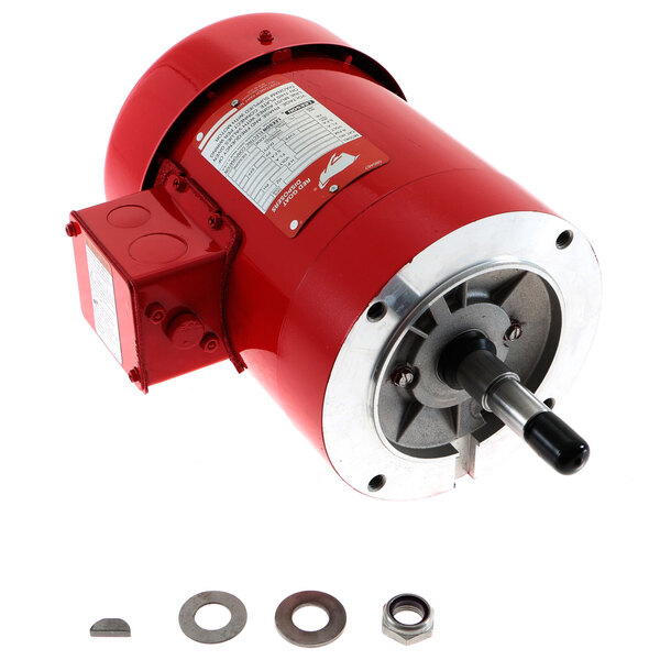 An Insinger D2567 red and silver electric motor with gears and a bearing.