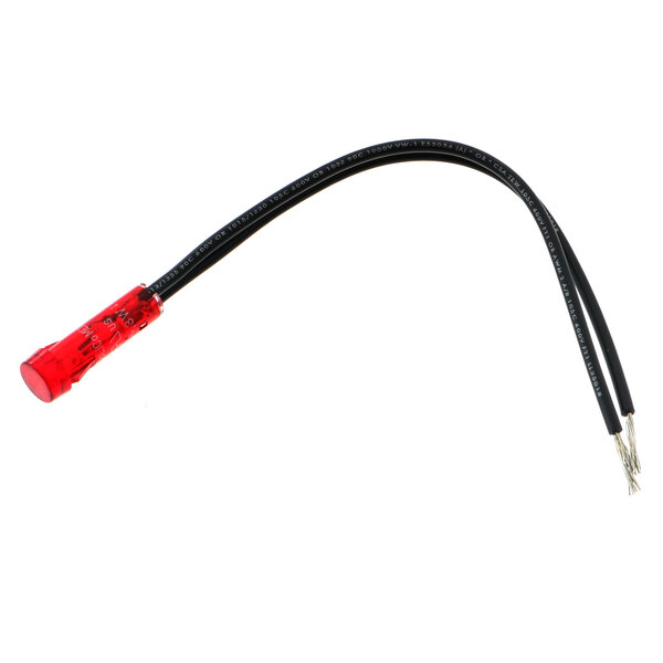 A black cable with red and black electrical wires connected to a red Dinex pilot light.
