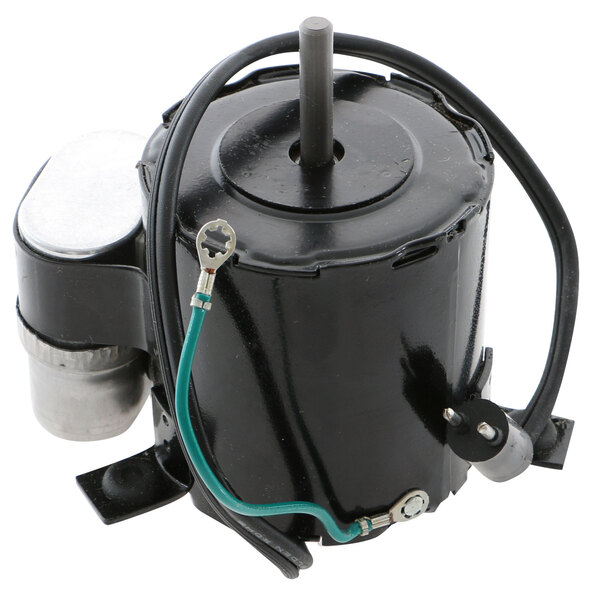 A black Hussmann fan motor with wires and a wire harness.