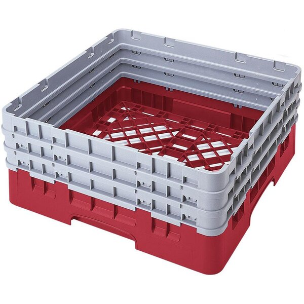 A red and gray plastic Cambro Camrack base rack with closed sides and extenders.