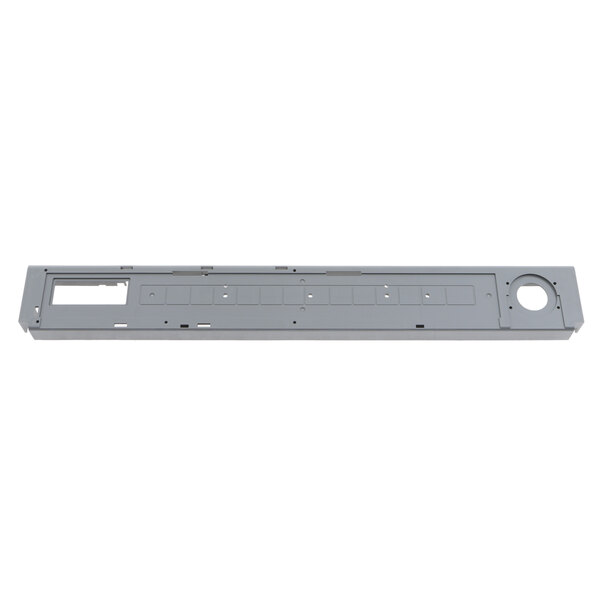 A grey rectangular metal base with holes in it.