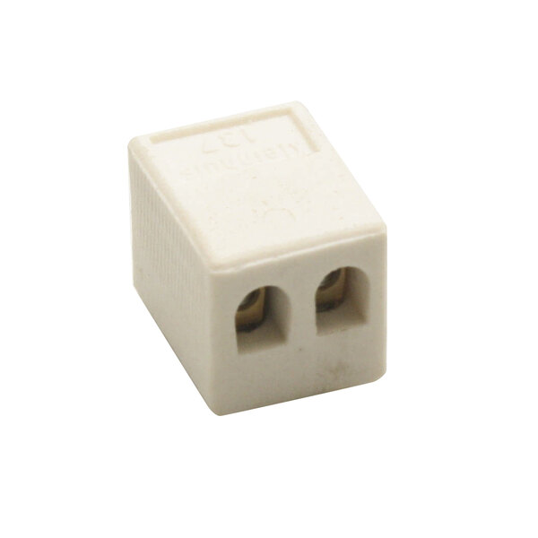 A white plastic Alto-Shaam sensor terminal block with two holes.