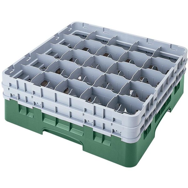 A white plastic Cambro glass rack with 25 compartments and a green base.