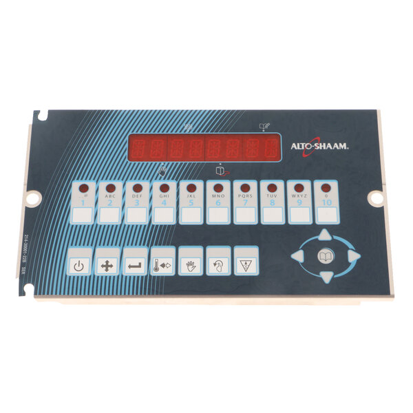 A rectangular digital control panel with red and blue lights.