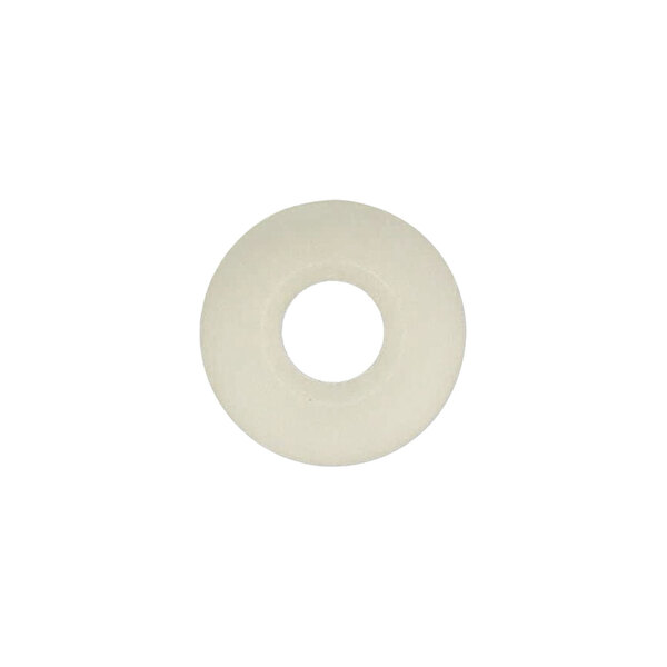A white plastic round washer with a hole in the middle.