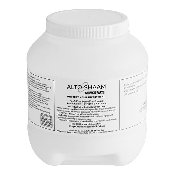 A white bottle of Alto-Shaam Scale Free solution with a black label.
