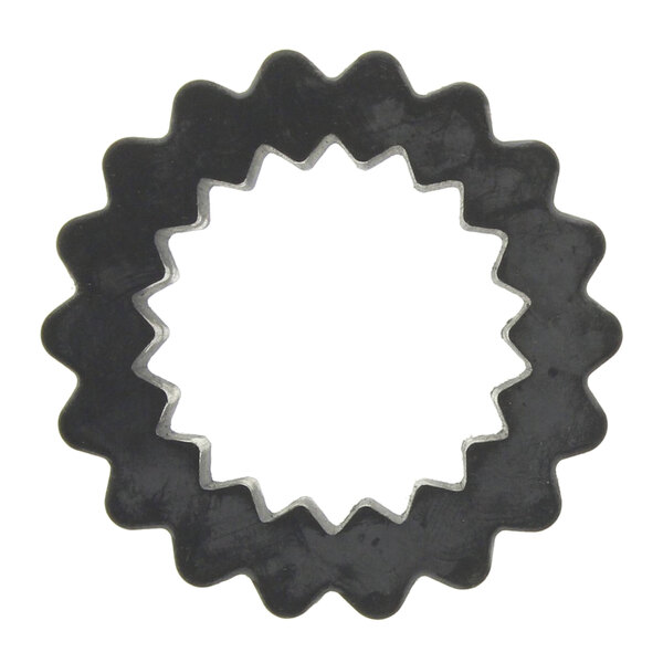 A black circular metal gear on a white background.