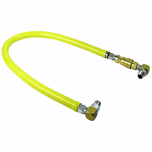A yellow T&S gas hose with metal SwiveLink fittings.