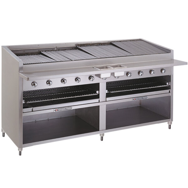 A Bakers Pride stainless steel floor model charbroiler with two burners.