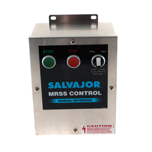 A close-up of a silver Salvajor control box with blue and red labels.