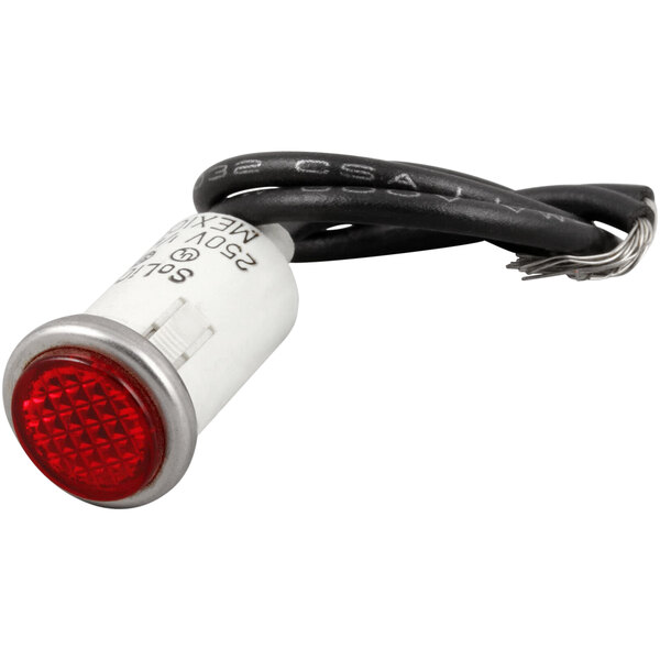 A close-up of a red Bakers Pride indicator lamp with a black cable.