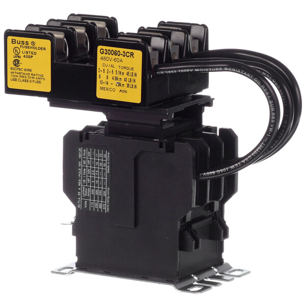 A black Stero contactor with yellow label on the front.