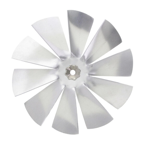 A silver metal fan blade with a white circle in the center.