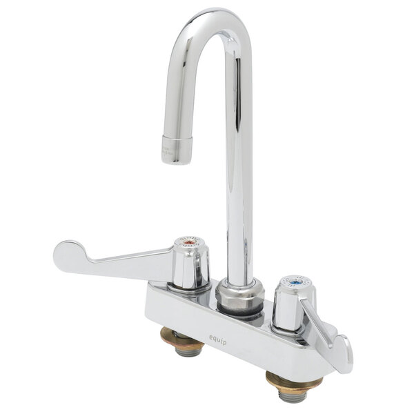 A chrome Equip by T&S deck-mounted workboard faucet with two wrist handles and a gooseneck spout on a counter.