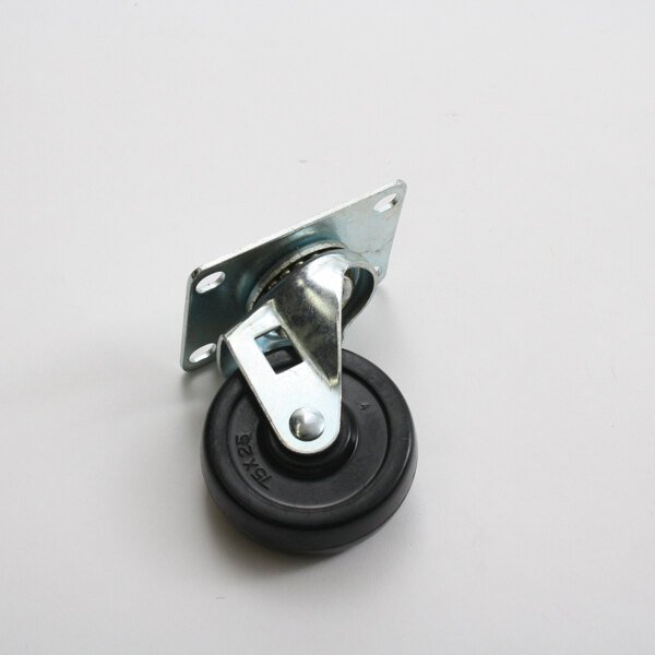 A metal caster with a black wheel.