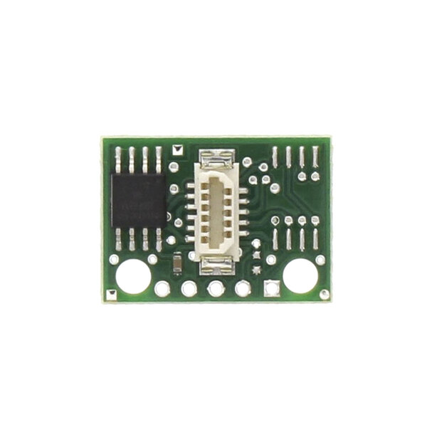 A green circuit board with a white connector and a white circle with black letters.