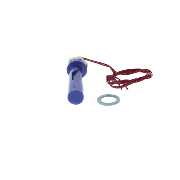 A blue and red water hose with a rubber plug and blue device with a red wire.