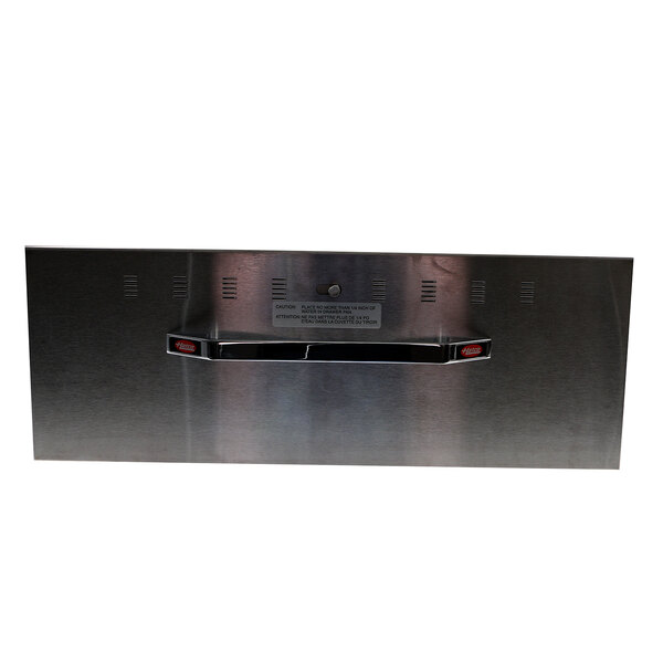 A stainless steel rectangular drawer assembly with a handle.