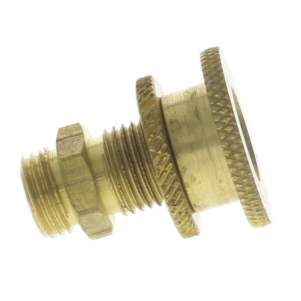 A brass threaded pipe fitting with a nut.
