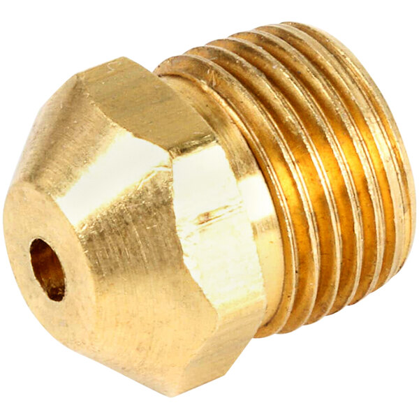 A Bakers Pride brass LP gas orifice with a hole.