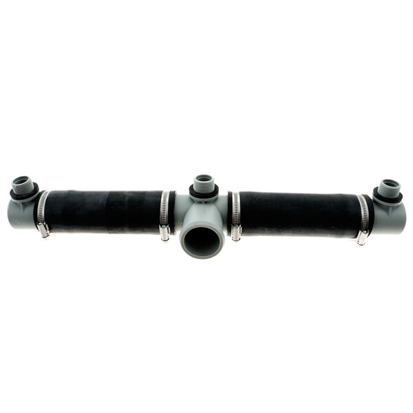A black Insinger top wash manifold with metal fittings on two pipes.