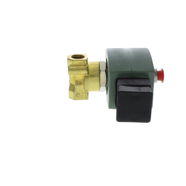 A close-up of a Cleveland solenoid valve with a green and black coil and a red button.