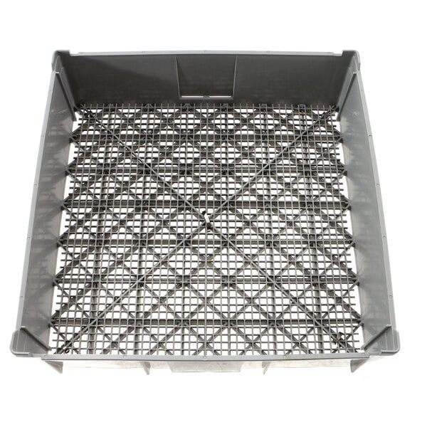 A grey plastic dish rack with a metal grid.