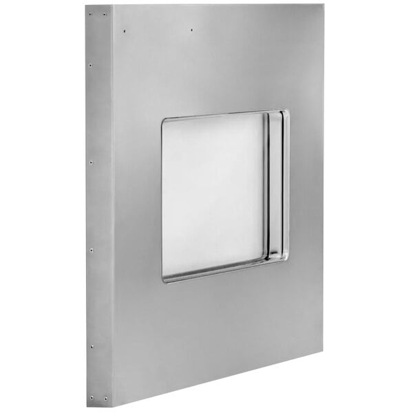 A silver rectangular Bakers Pride door with a square window.