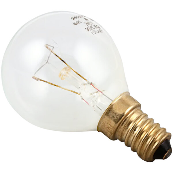 A close-up of a Bakers Pride light bulb with a wire
