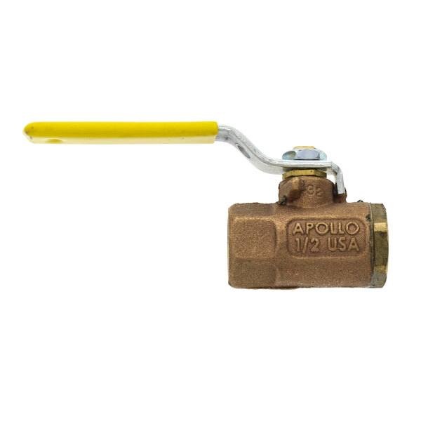 A close-up of a bronze Wells P2-302883 pan element valve with a yellow handle.