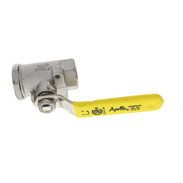A stainless steel Pitco ball valve with yellow handle.