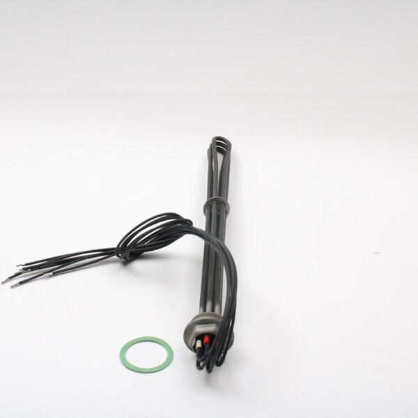 An immersion heating element with black, white, and green wires.